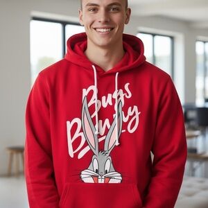 LOONEY TUNES BUGS BUNNY YOUTH M (7-9) RED GRPAHIC BIG PRINT HOODIE PULLOVER
